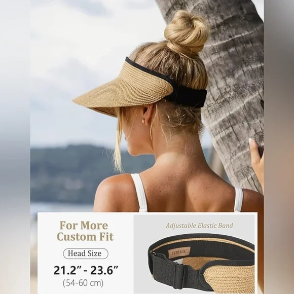 Womens Sun Visor Hat Straw Summer Packable Ponytail Beach Hats Travel UPF 80+ - Picture 5 of 9